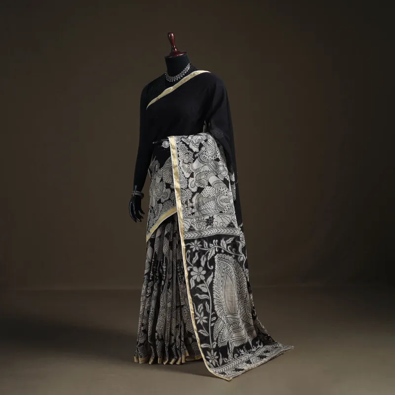 Black - Kalamkari Printed Kota Doria Cotton Saree 03 made by Itokri