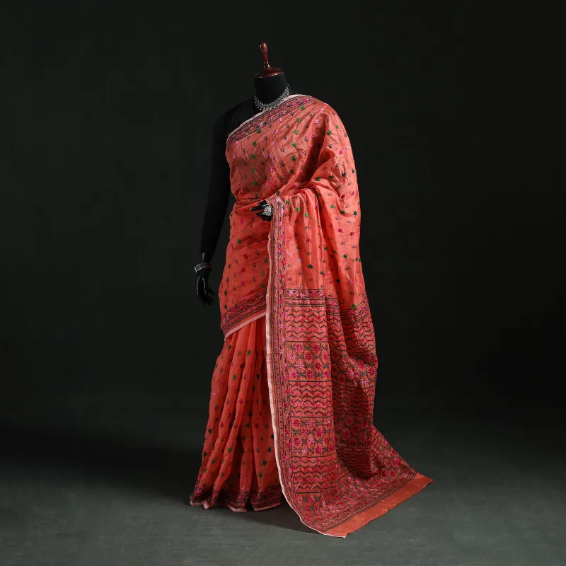 Red - Bengal Kantha Hand Embroidery Silk Cotton Chapa Work Saree 103 made by Itokri