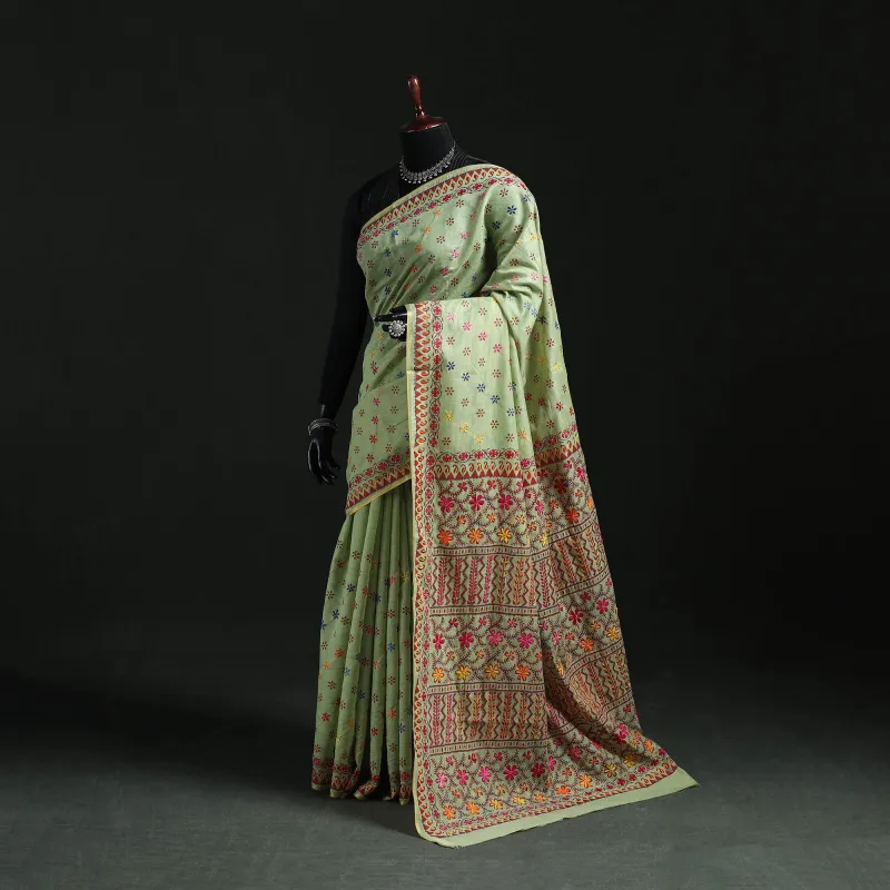 Green - Bengal Kantha Hand Embroidery Silk Cotton Chapa Work Saree 100 made by Itokri