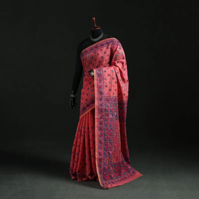 Pink - Bengal Kantha Hand Embroidery Silk Cotton Chapa Work Saree 99 made by Itokri