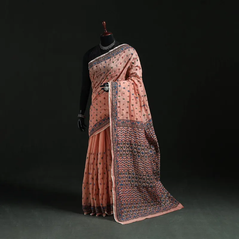 Peach - Bengal Kantha Hand Embroidery Silk Cotton Chapa Work Saree 94 made by Itokri