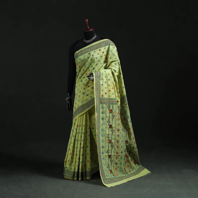 Green - Hand Embroidered Silk Cotton Chapa Work Saree 89 made by Itokri