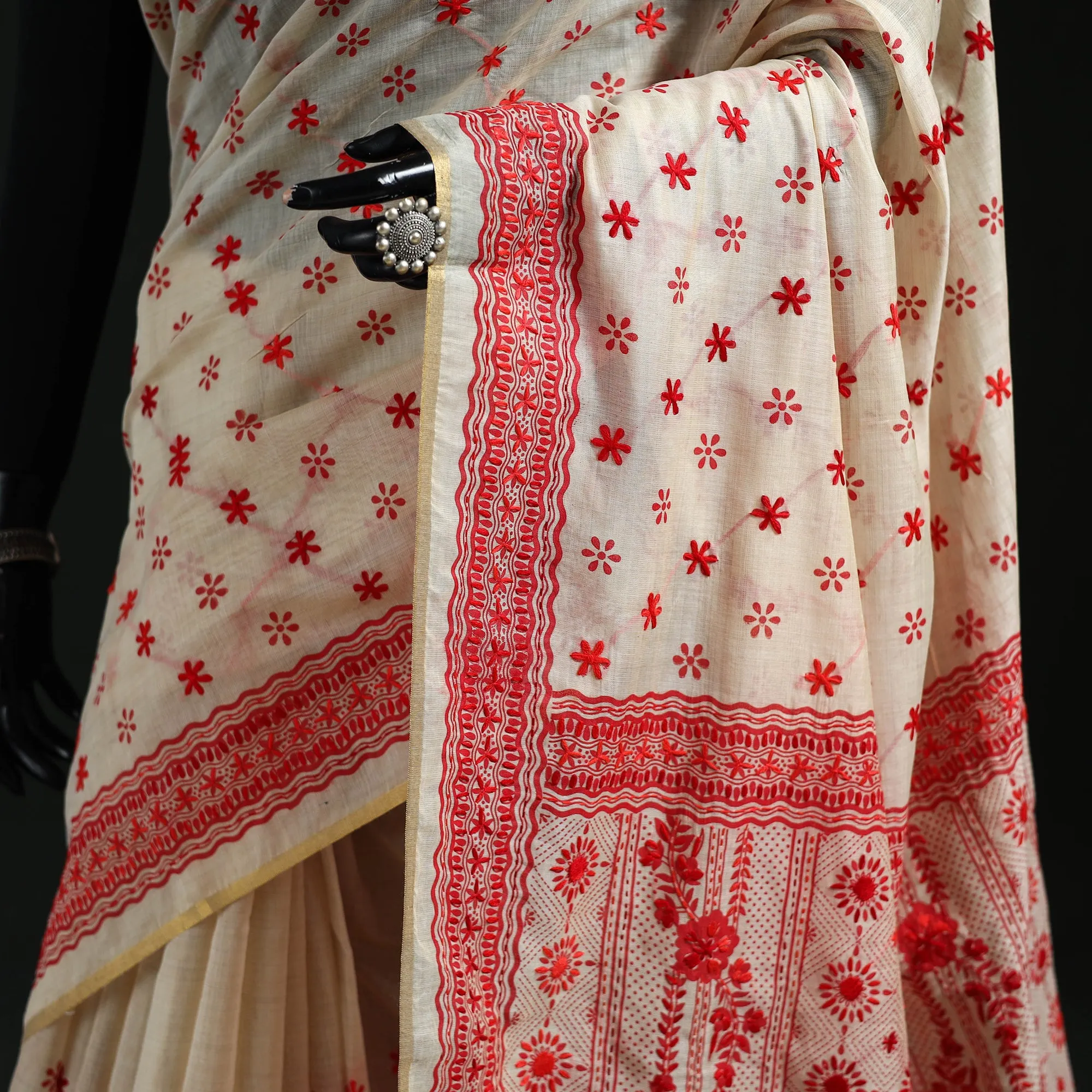 Beige - Bengal Kantha Hand Embroidery Silk Cotton Chapa Work Saree 83 sold by Itokri product image thumbnail 3