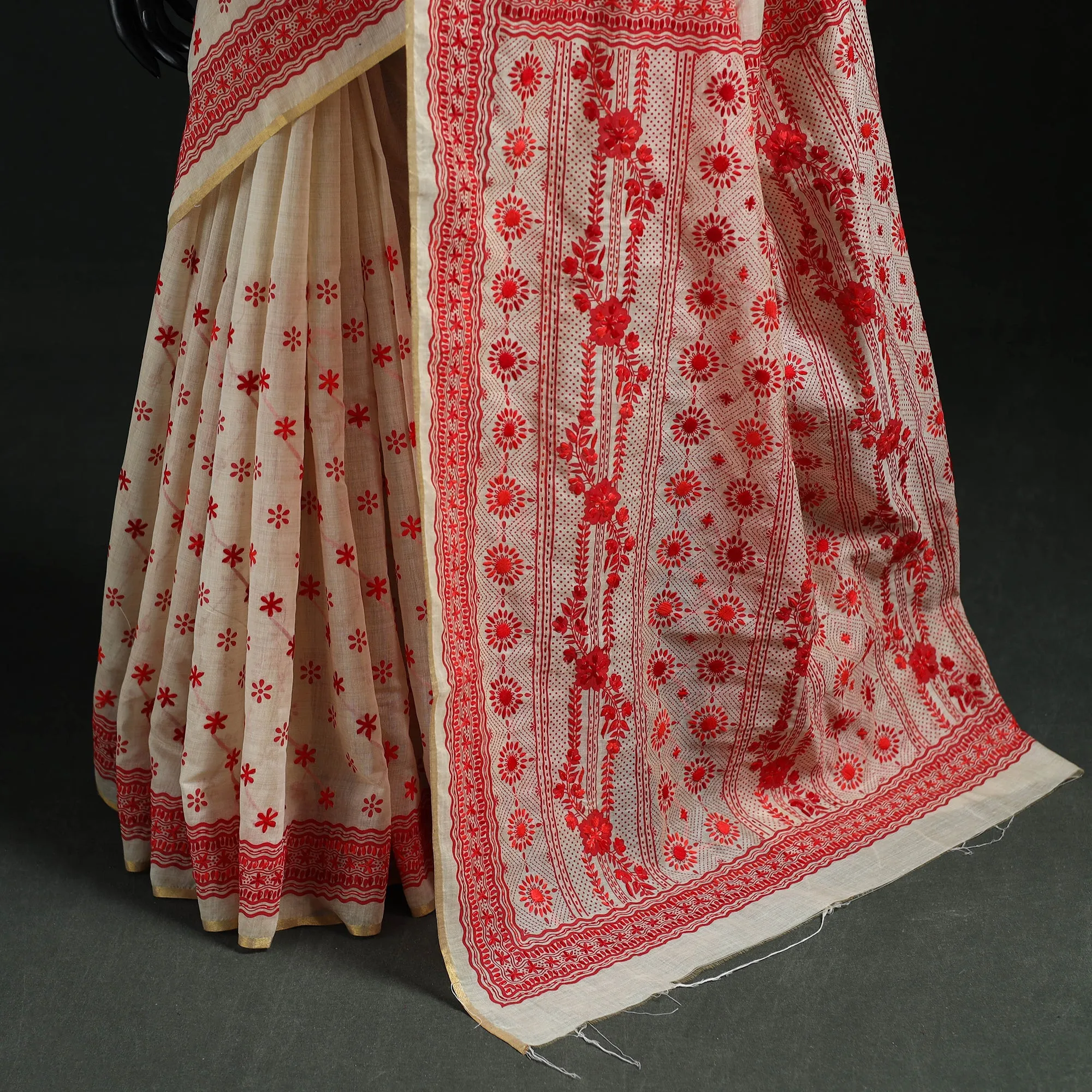 Beige - Bengal Kantha Hand Embroidery Silk Cotton Chapa Work Saree 83 sold by Itokri product image thumbnail 4