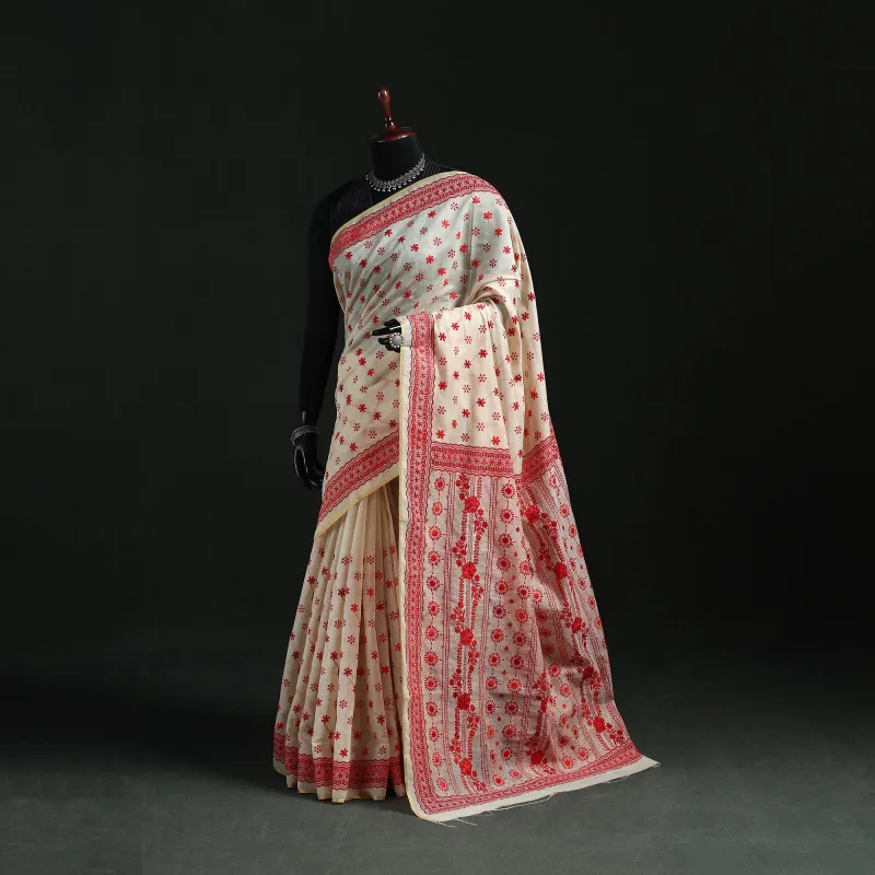 Beige - Bengal Kantha Hand Embroidery Silk Cotton Chapa Work Saree 83 made by Itokri