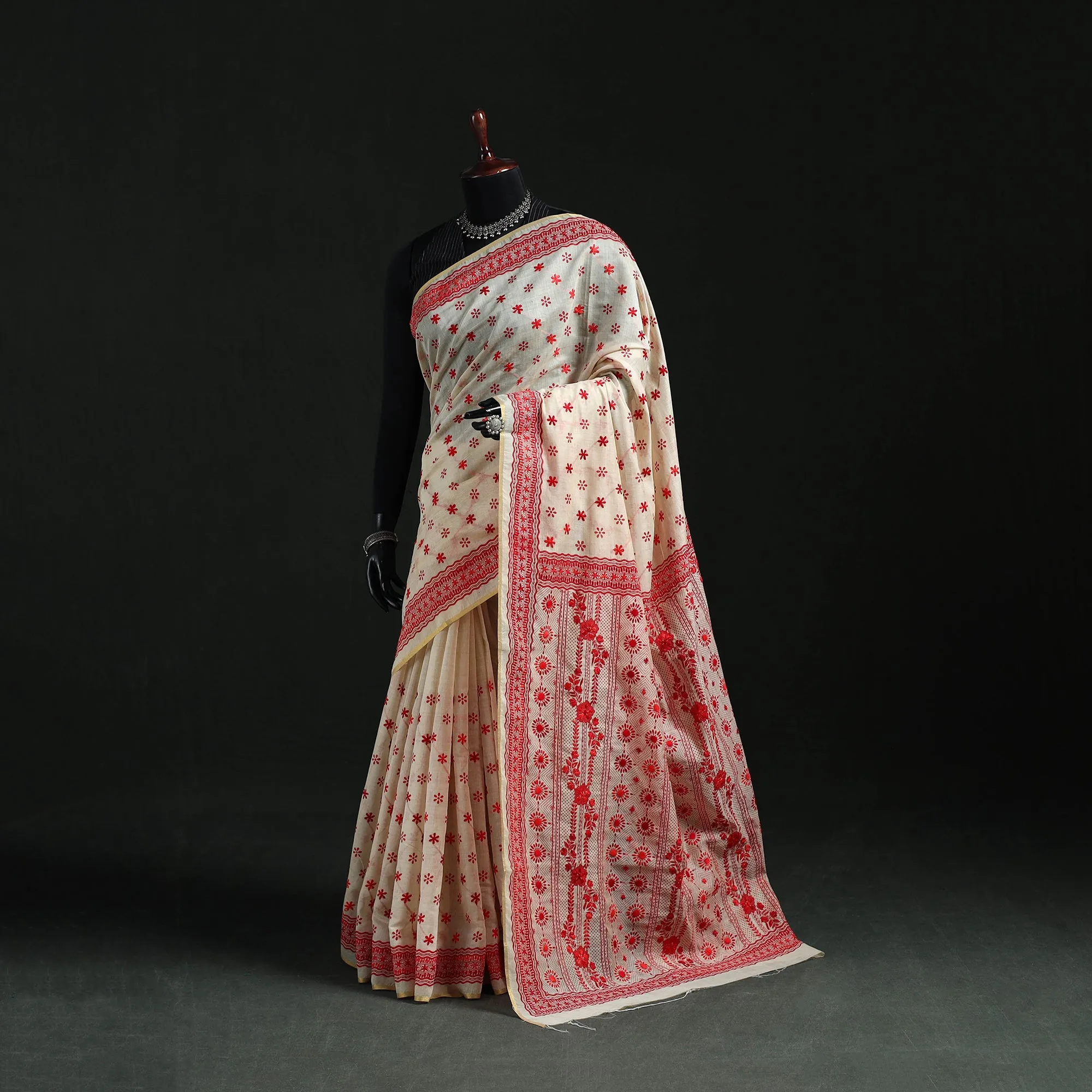 Beige - Bengal Kantha Hand Embroidery Silk Cotton Chapa Work Saree 83 sold by Itokri