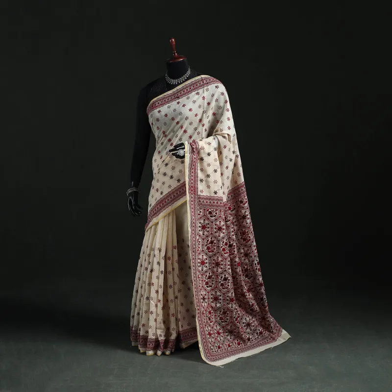 White - Bengal Kantha Hand Embroidery Silk Cotton Chapa Work Saree 74 made by Itokri