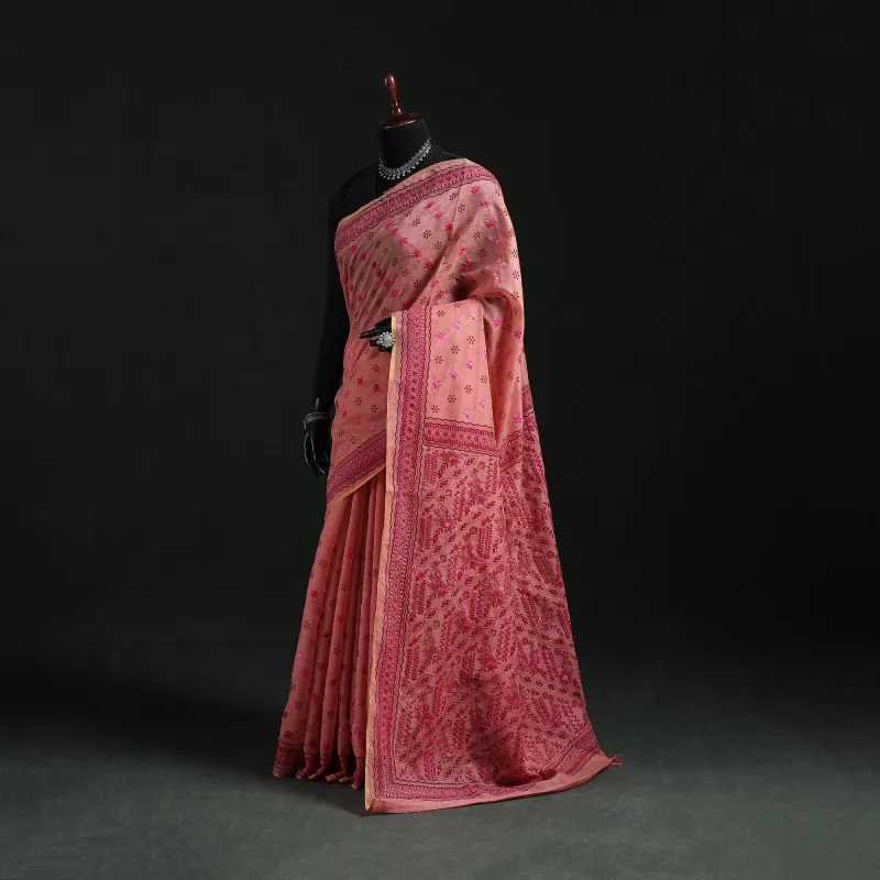 Pink - Bengal Kantha Hand Embroidery Silk Cotton Chapa Work Saree 72 made by Itokri