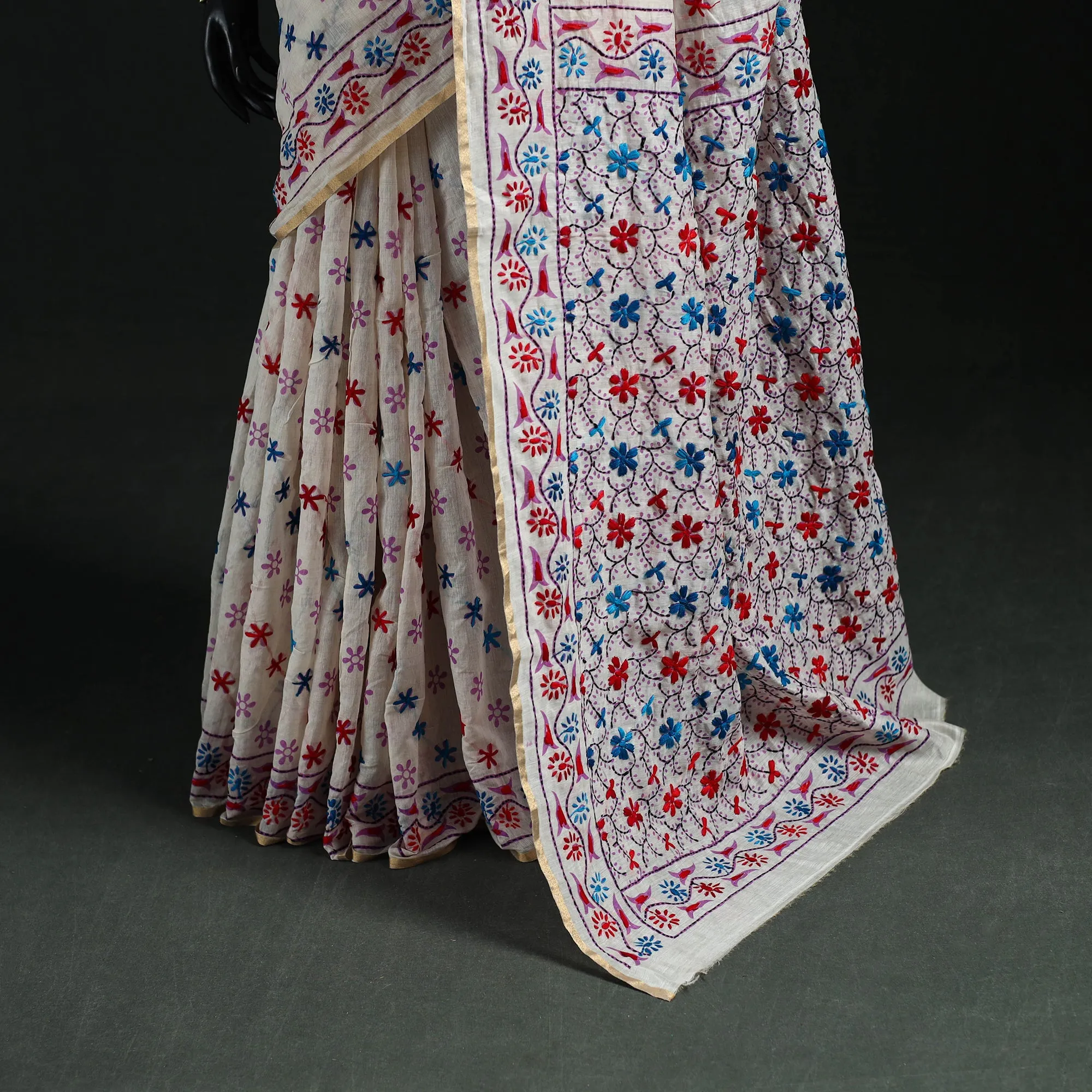 White - Bengal Kantha Hand Embroidery Silk Cotton Chapa Work Saree 71 sold by Itokri product image thumbnail 4