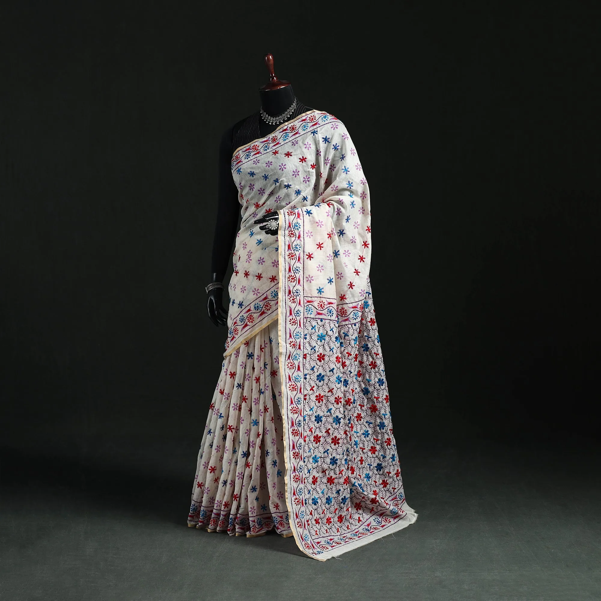 White - Bengal Kantha Hand Embroidery Silk Cotton Chapa Work Saree 71 sold by Itokri