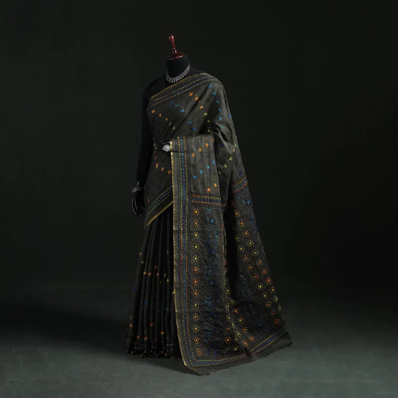 Black - Bengal Kantha Hand Embroidery Silk Cotton Chapa Work Saree 69 made by Itokri