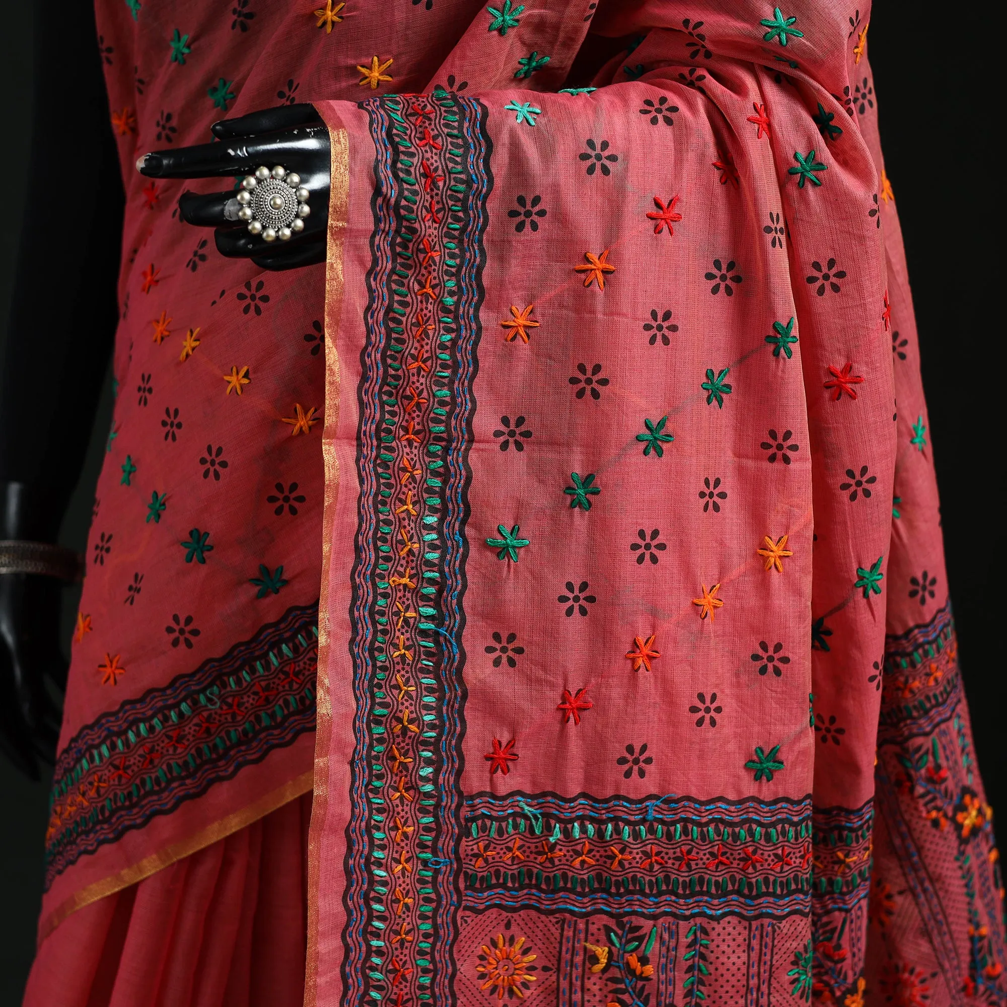 Bengal Kantha Hand Embroidery Silk Cotton Chapa Work Saree 61 sold by Itokri product image thumbnail 3