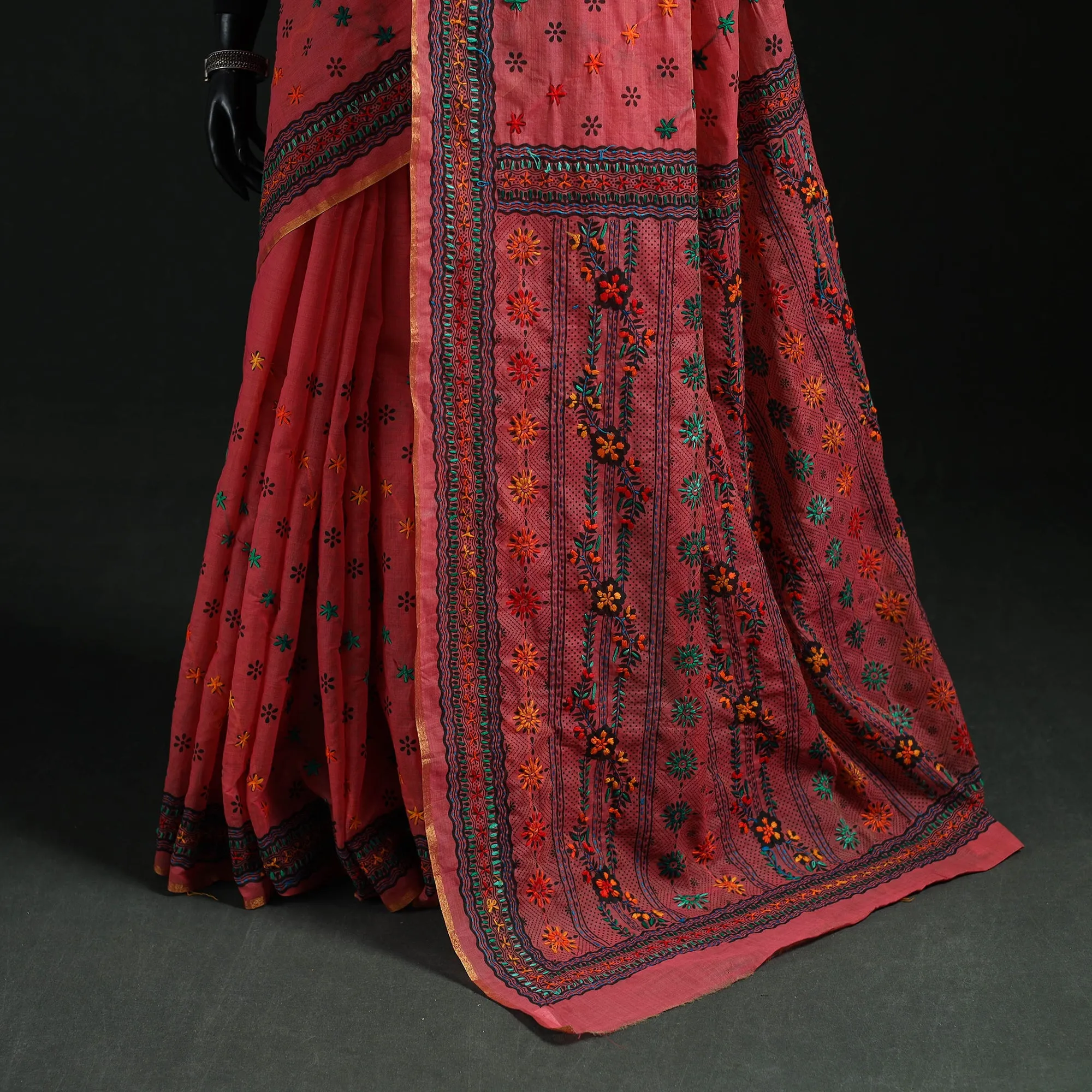 Bengal Kantha Hand Embroidery Silk Cotton Chapa Work Saree 61 sold by Itokri product image thumbnail 4