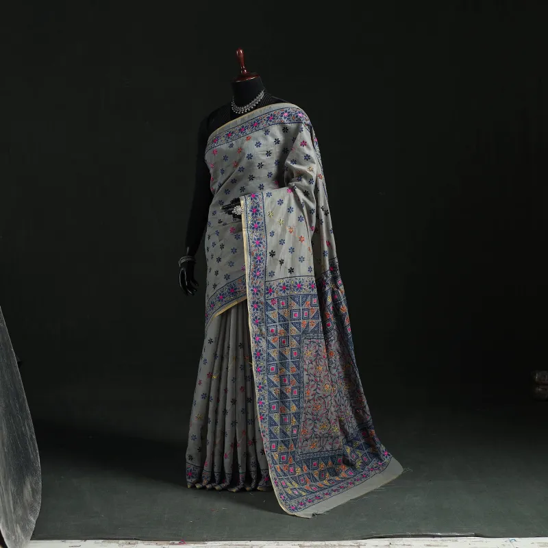 Gray - Bengal Kantha Hand Embroidery Silk Cotton Chapa Work Saree 59 made by Itokri