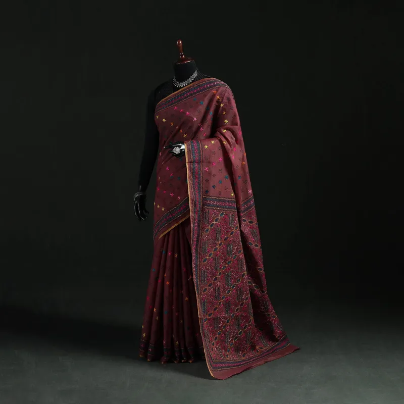 Maroon - Bengal Kantha Hand Embroidery Silk Cotton Chapa Work Saree 58 made by Itokri