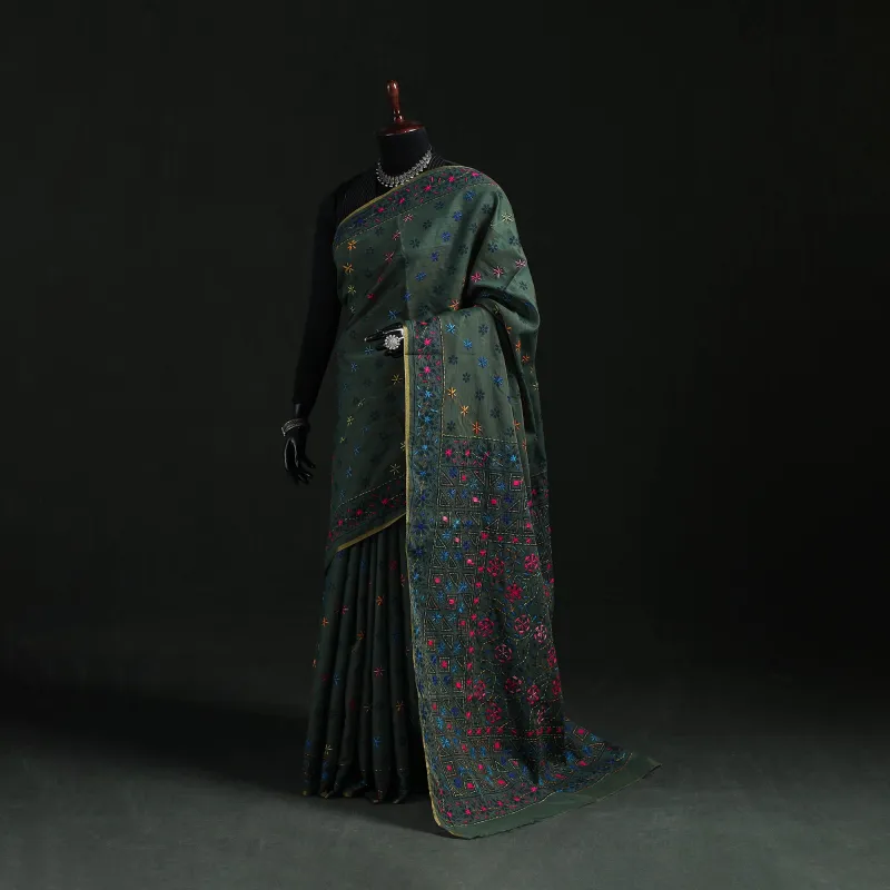 Green - Bengal Kantha Hand Embroidery Silk Cotton Chapa Work Saree 57 made by Itokri