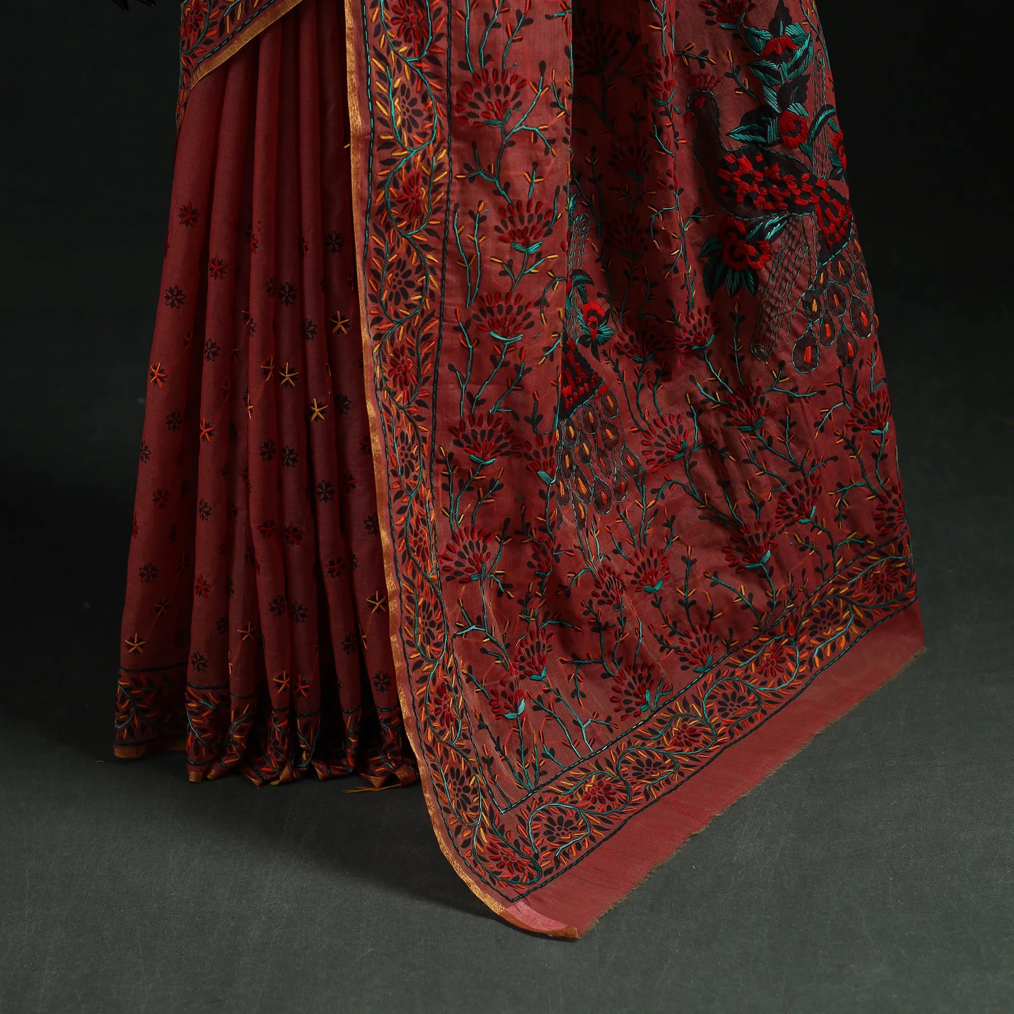 Maroon - Bengal Kantha Hand Embroidery Silk Cotton Chapa Work Saree 53 sold by Itokri product image thumbnail 4