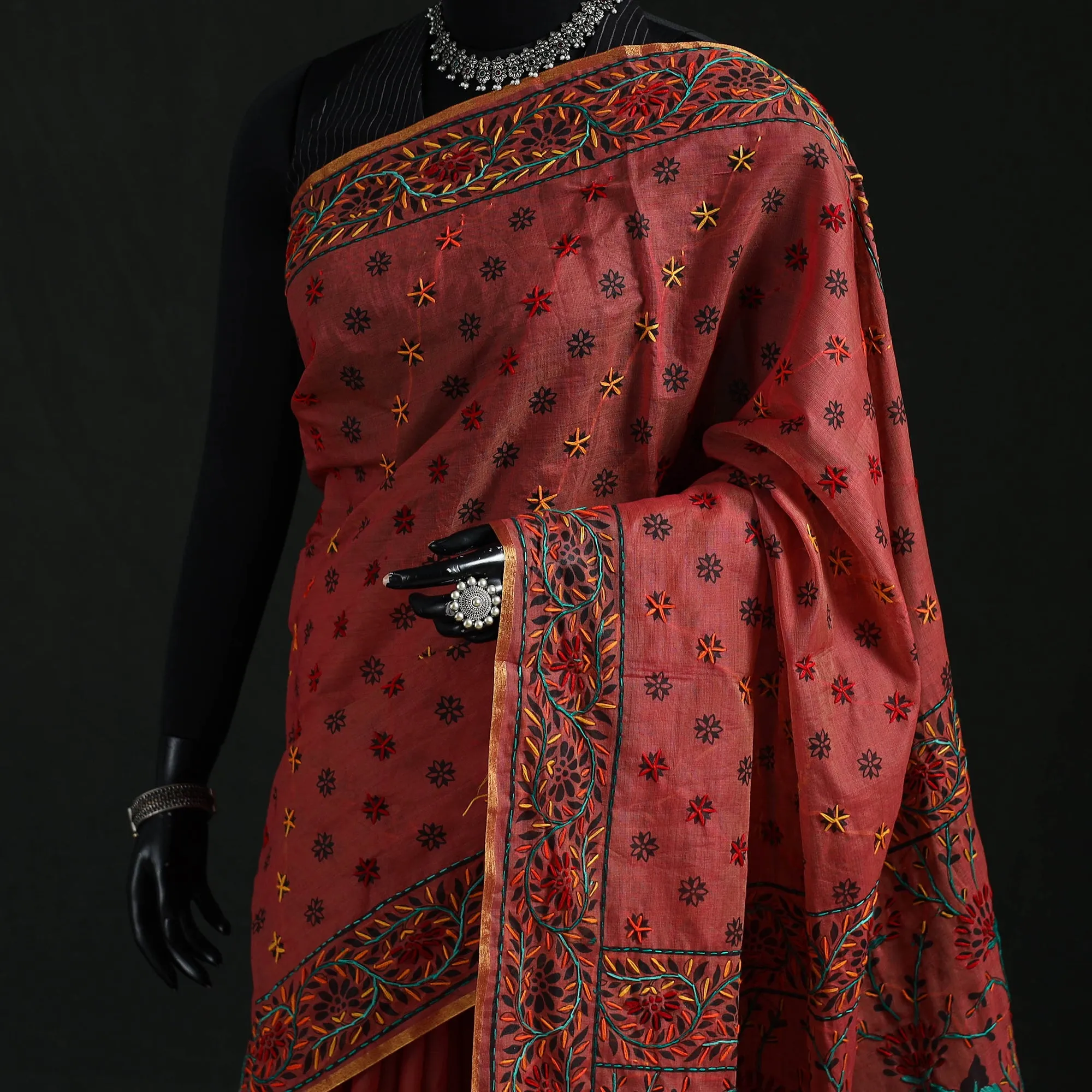 Maroon - Bengal Kantha Hand Embroidery Silk Cotton Chapa Work Saree 53 sold by Itokri product image thumbnail 2