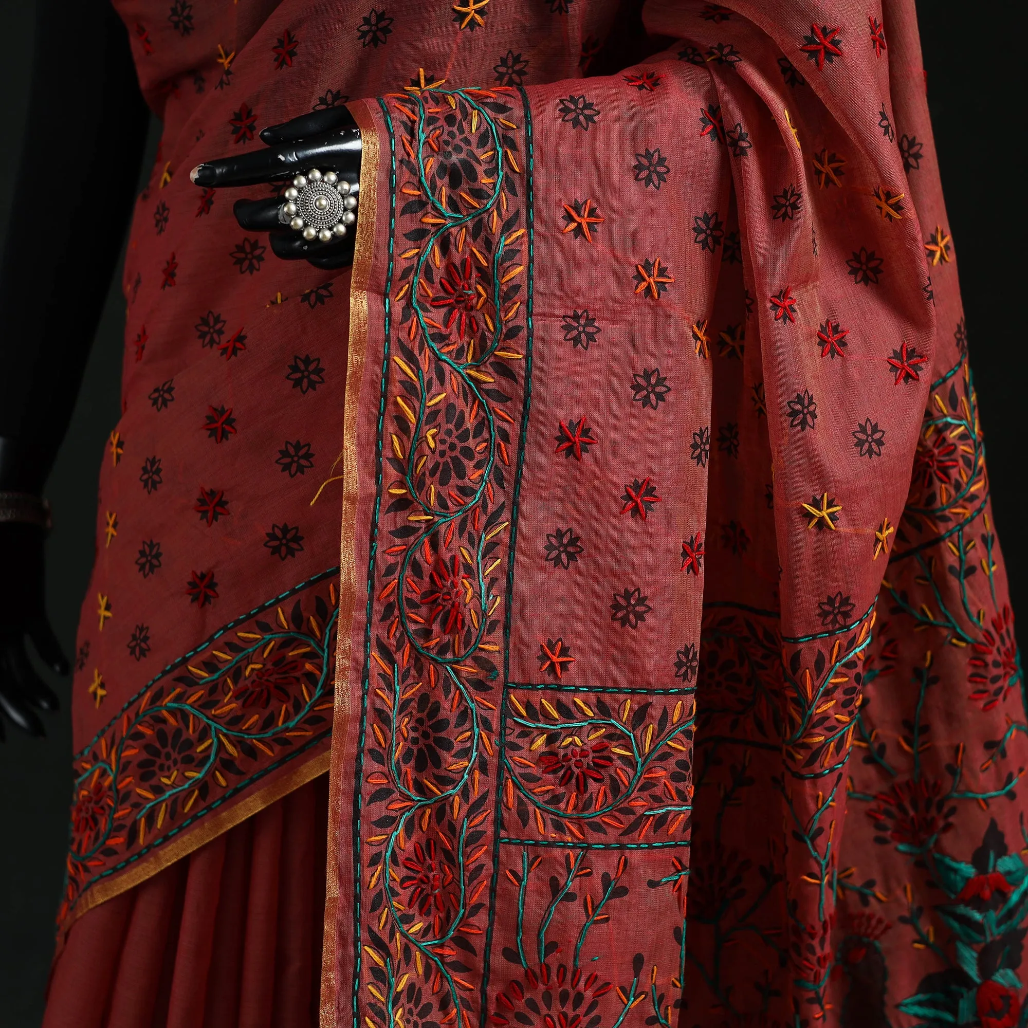 Maroon - Bengal Kantha Hand Embroidery Silk Cotton Chapa Work Saree 53 sold by Itokri product image thumbnail 3