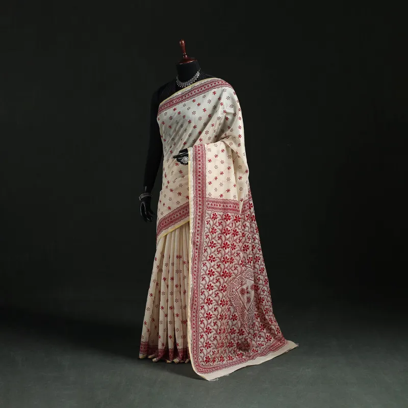 White - Hand Embroidered Silk Cotton Chapa Work Saree 48 made by Itokri
