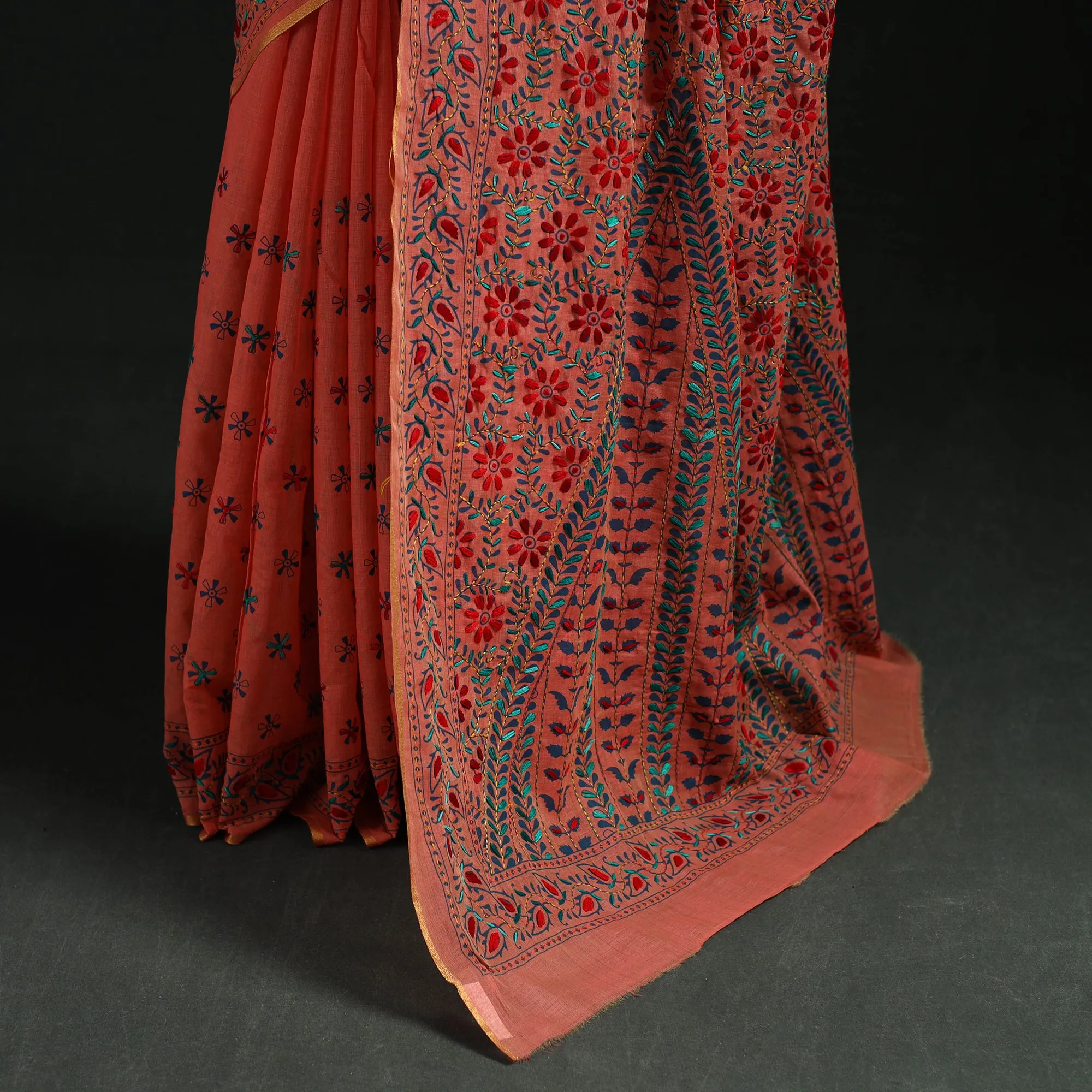 Peach - Bengal Kantha Hand Embroidery Silk Cotton Chapa Work Saree 42 sold by Itokri product image thumbnail 4
