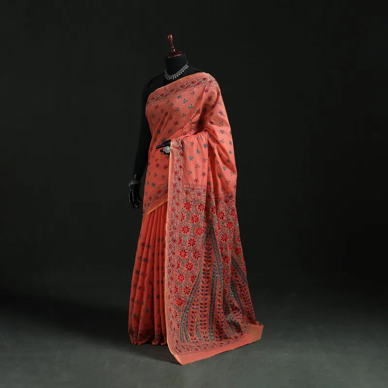 Peach - Bengal Kantha Hand Embroidery Silk Cotton Chapa Work Saree 42 made by Itokri