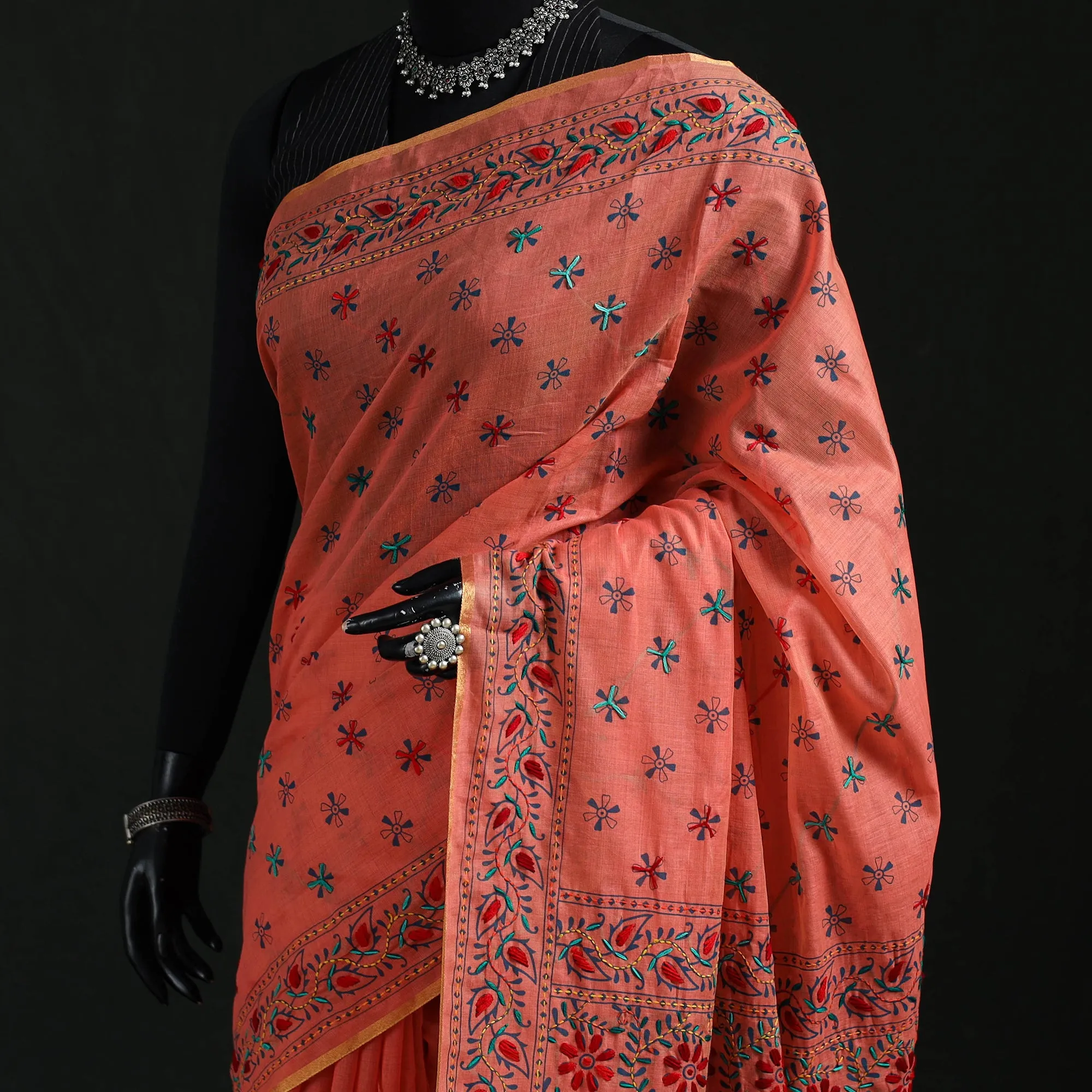 Peach - Bengal Kantha Hand Embroidery Silk Cotton Chapa Work Saree 42 sold by Itokri product image thumbnail 2