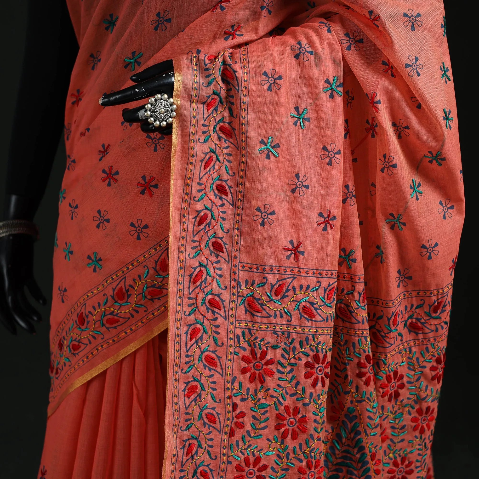 Peach - Bengal Kantha Hand Embroidery Silk Cotton Chapa Work Saree 42 sold by Itokri product image thumbnail 3