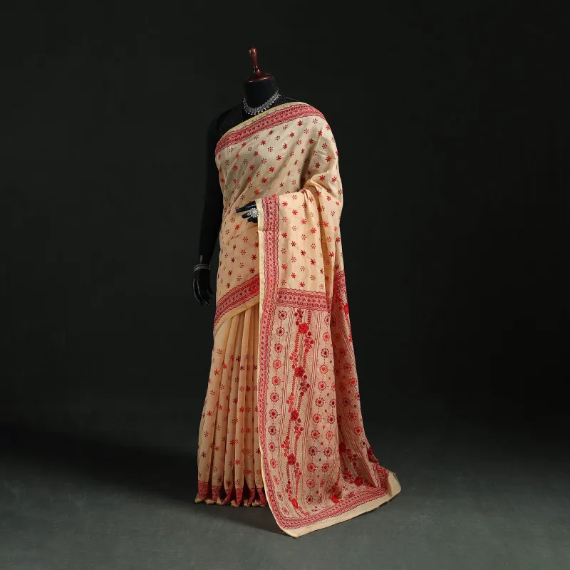 Beige - Hand Embroidered Silk Cotton Chapa Work Saree 41 made by Itokri