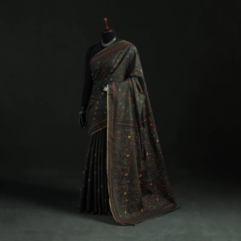 Black - Bengal Kantha Hand Embroidery Silk Cotton Chapa Work Saree 28 made by Itokri
