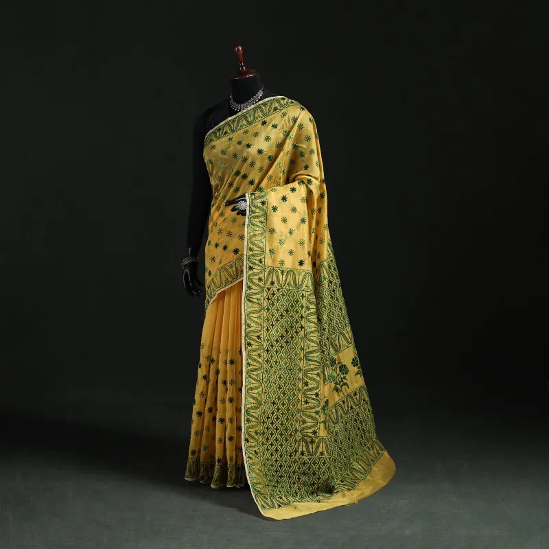 Yellow - Bengal Kantha Hand Embroidery Silk Cotton Chapa Work Saree 27 made by Itokri