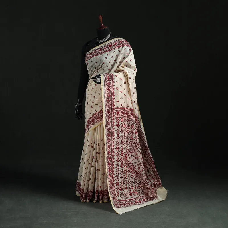 White - Bengal Kantha Hand Embroidery Silk Cotton Chapa Work Saree 21 made by Itokri