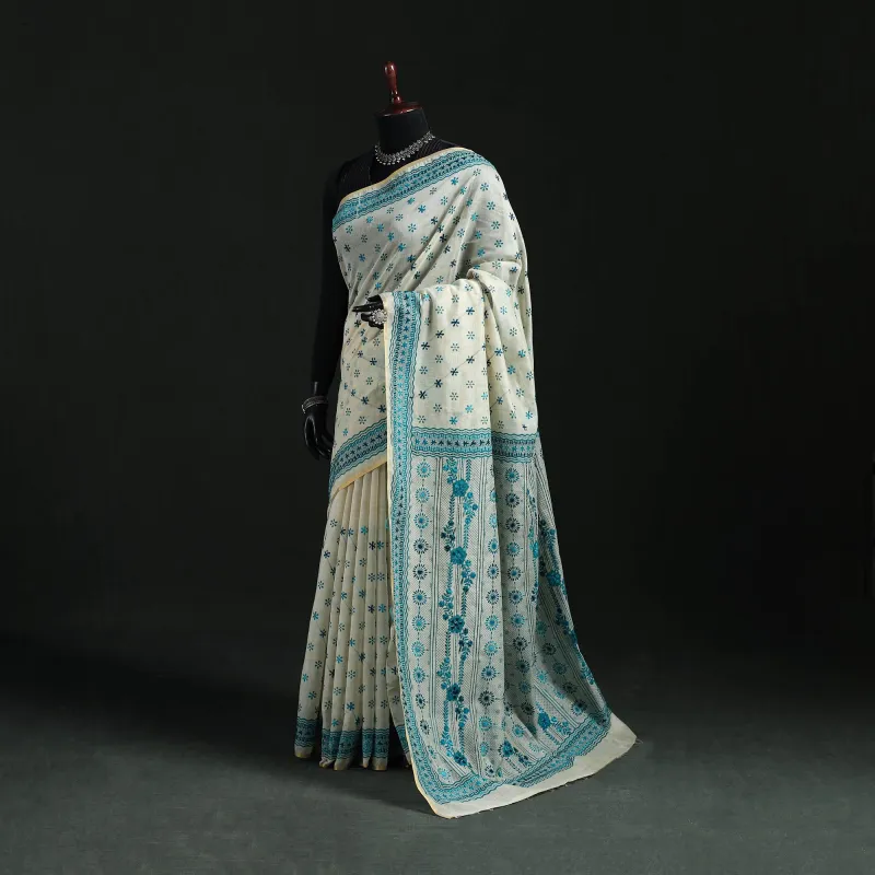 White - Hand Embroidered Silk Cotton Chapa Work Saree 10 made by Itokri