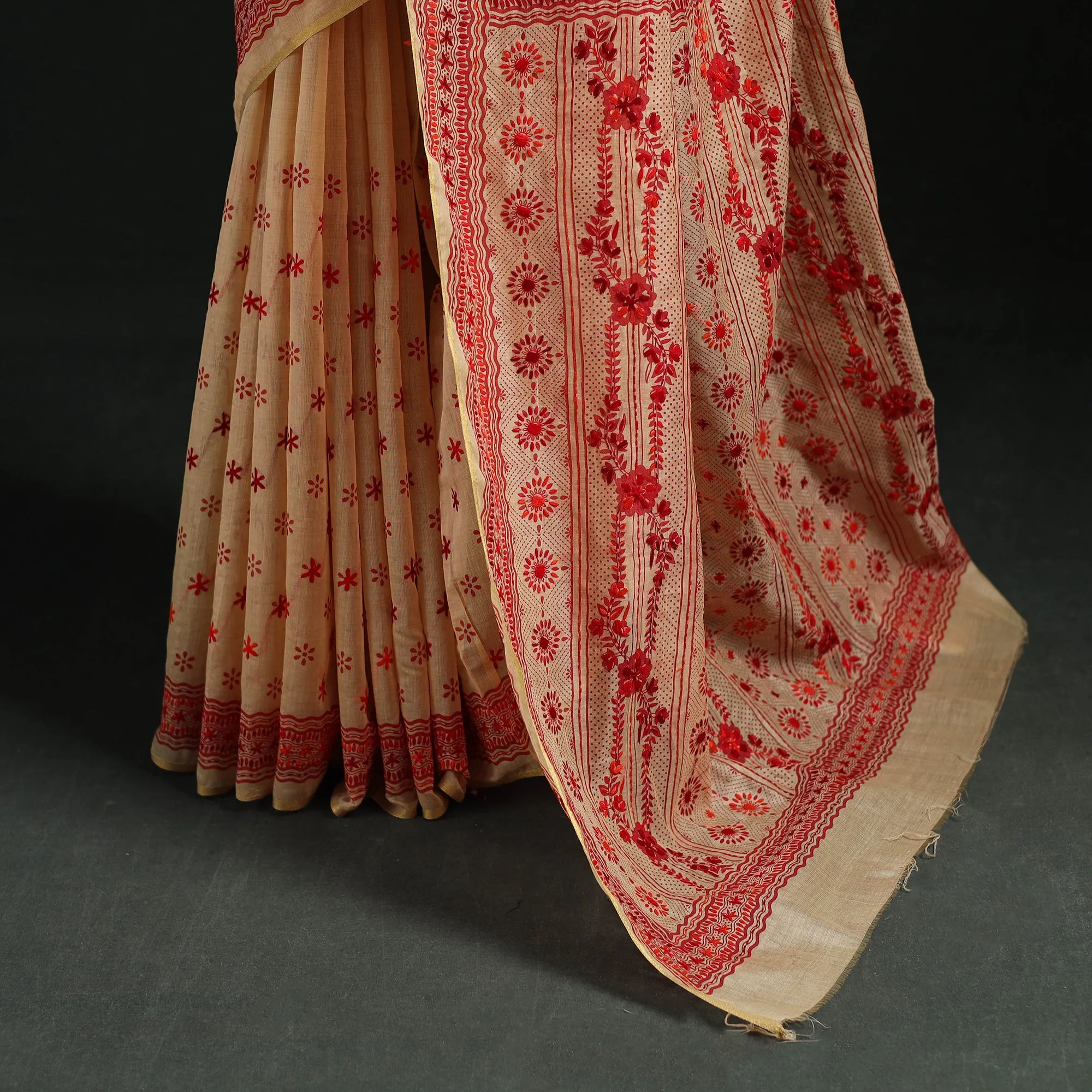 Beige - Bengal Kantha Hand Embroidery Silk Cotton Chapa Work Saree 09 sold by Itokri product image thumbnail 4