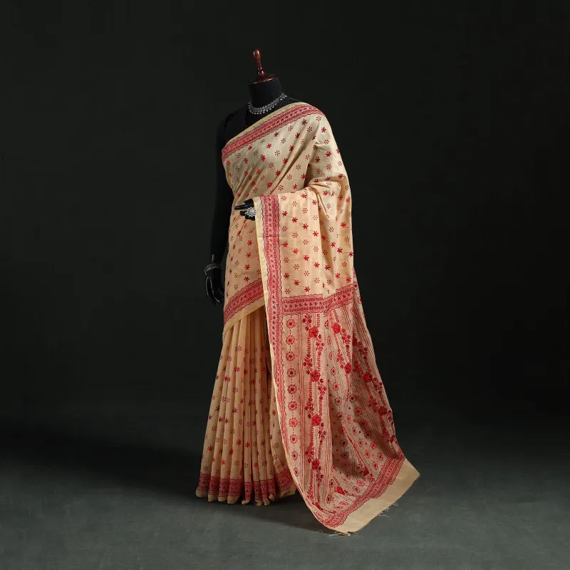 Beige - Bengal Kantha Hand Embroidery Silk Cotton Chapa Work Saree 09 made by Itokri