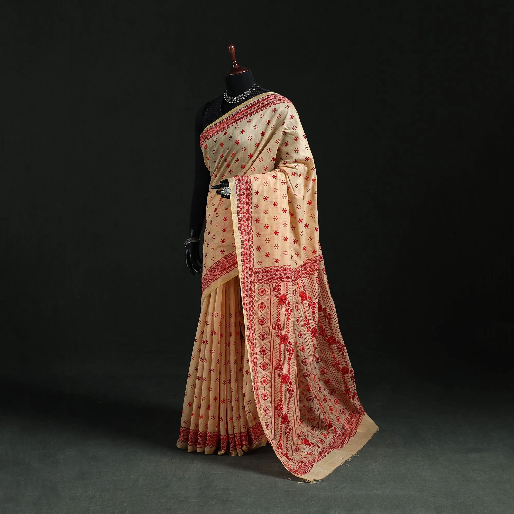 Beige - Bengal Kantha Hand Embroidery Silk Cotton Chapa Work Saree 09 sold by Itokri