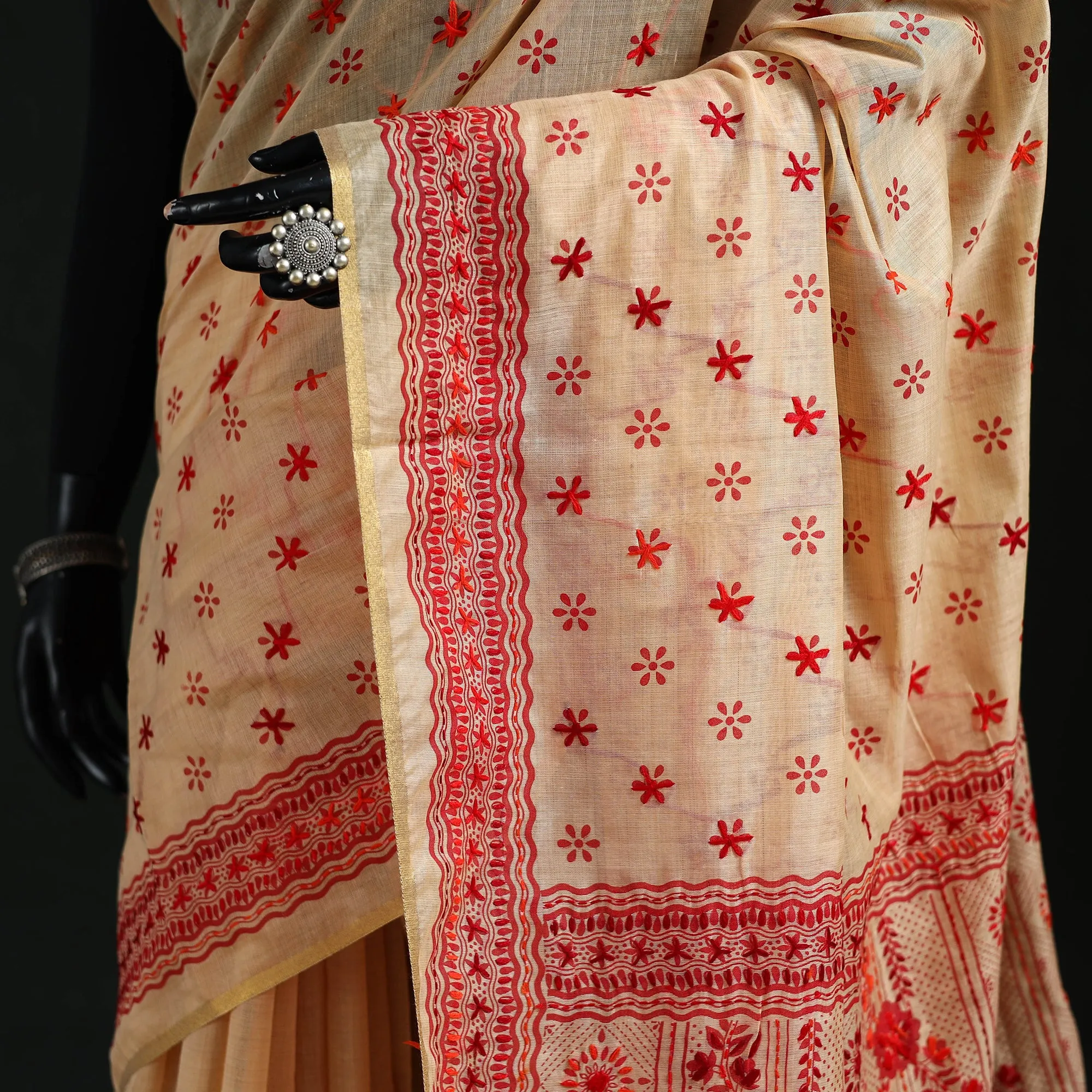 Beige - Bengal Kantha Hand Embroidery Silk Cotton Chapa Work Saree 09 sold by Itokri product image thumbnail 3