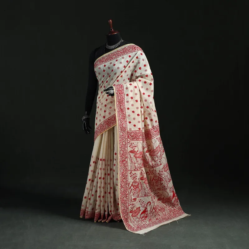 White - Bengal Kantha Hand Embroidery Silk Cotton Chapa Work Saree 07 made by Itokri