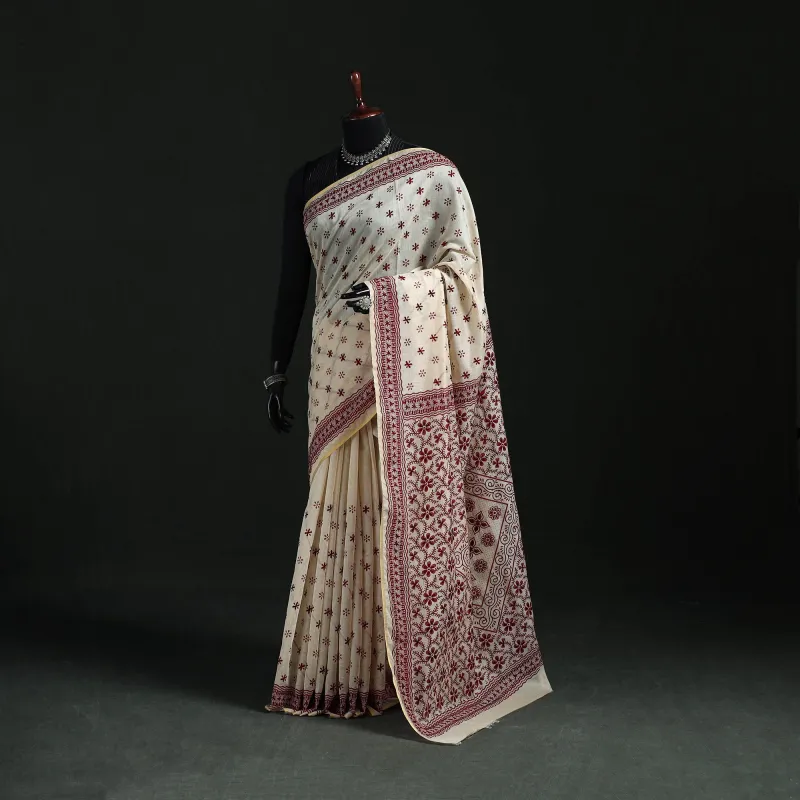 White - Hand Embroidered Silk Cotton Chapa Work Saree 01 made by Itokri