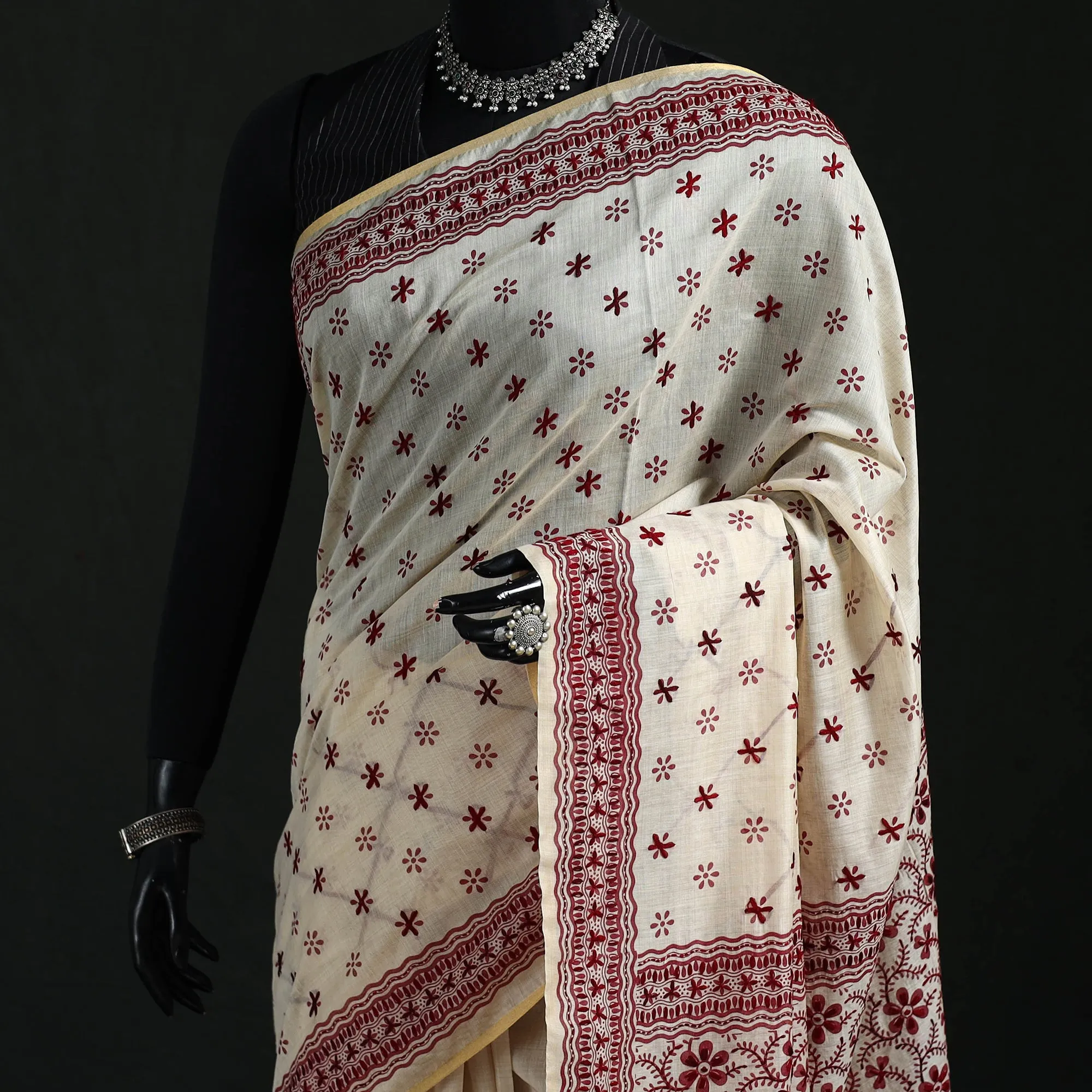 White - Hand Embroidered Silk Cotton Chapa Work Saree 01 sold by Itokri product image thumbnail 2