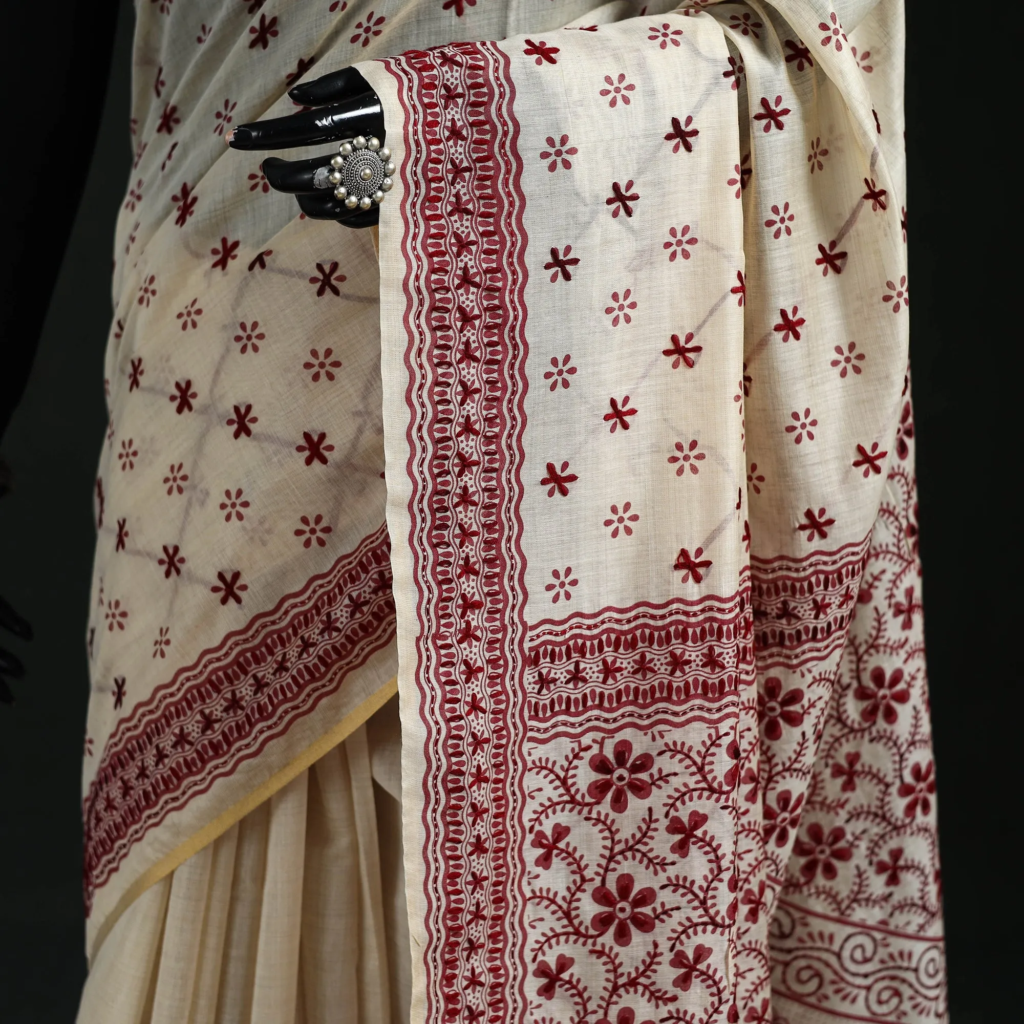 White - Hand Embroidered Silk Cotton Chapa Work Saree 01 sold by Itokri product image thumbnail 3