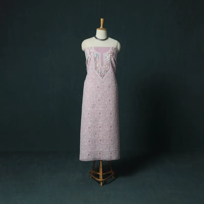 Pink - Lucknow Chikankari Parsi Style Hand Embroidered Pure Mul Cotton Unstitched Kurta Material (2.8M) 05 made by Itokri