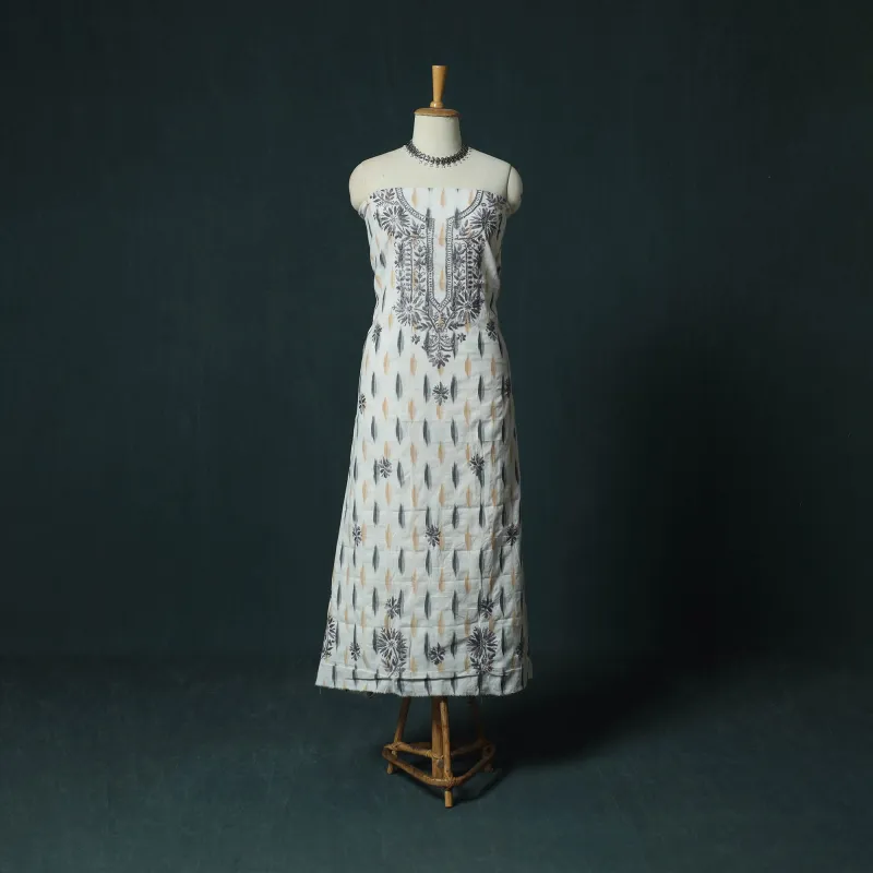 Lucknowi Chikankari Hand Embroidered Pochampally Ikat Cotton Unstitched Kurta Material (2.5M) 26 made by Itokri