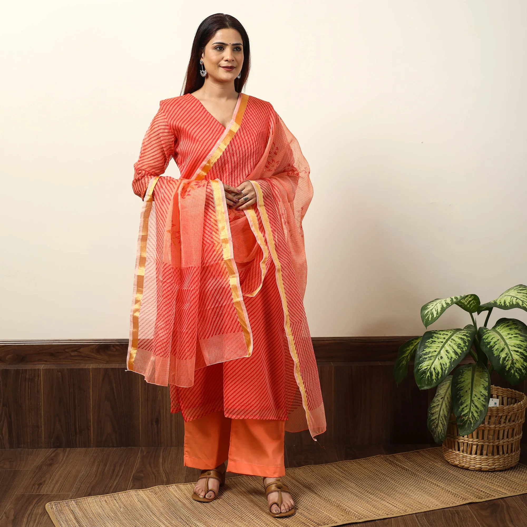 Orange - Leheriya Printed Kota Doria Kurta with Palazzo & Dupatta Set 19 sold by Itokri product image thumbnail 2
