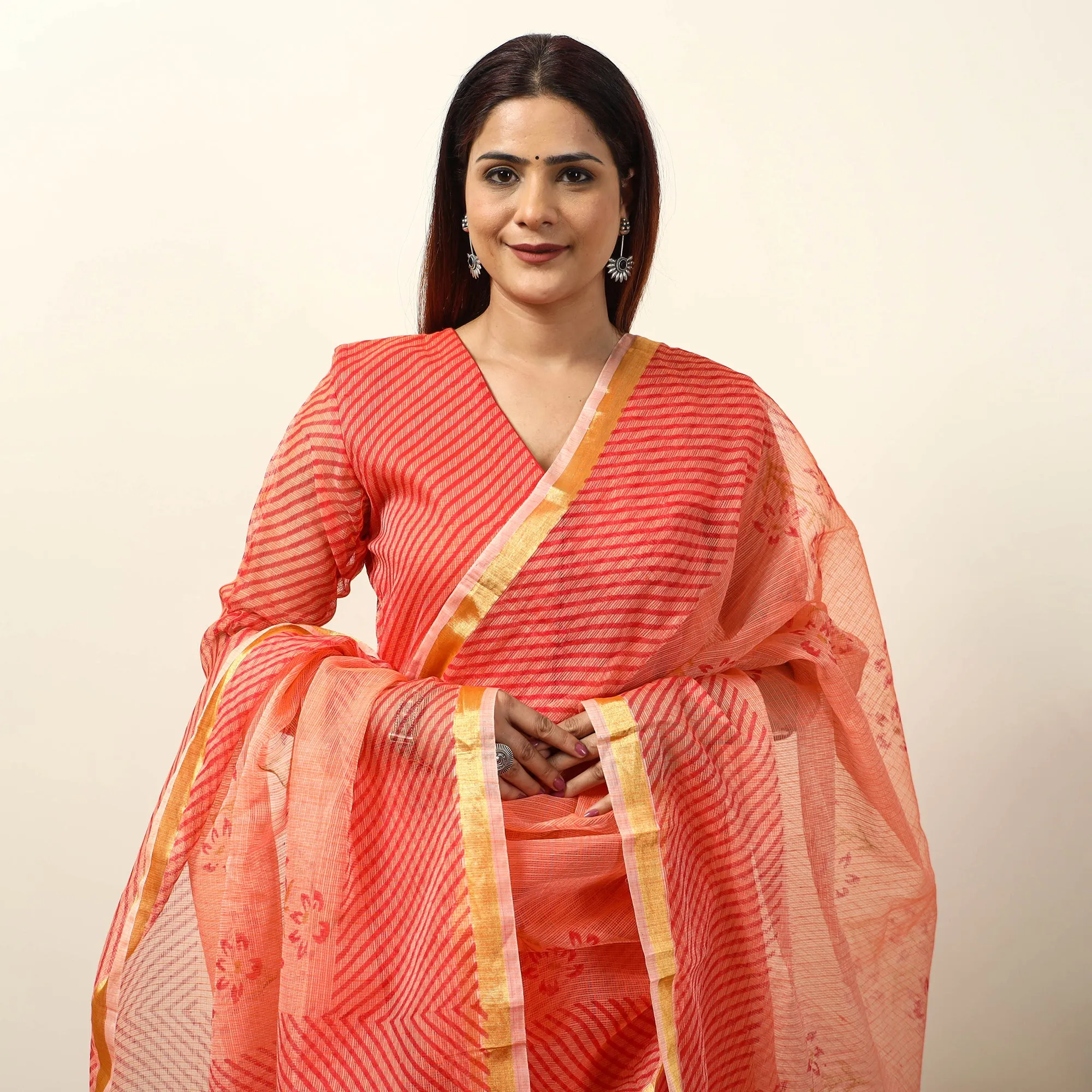 Orange - Leheriya Printed Kota Doria Kurta with Palazzo & Dupatta Set 19 sold by Itokri product image thumbnail 4
