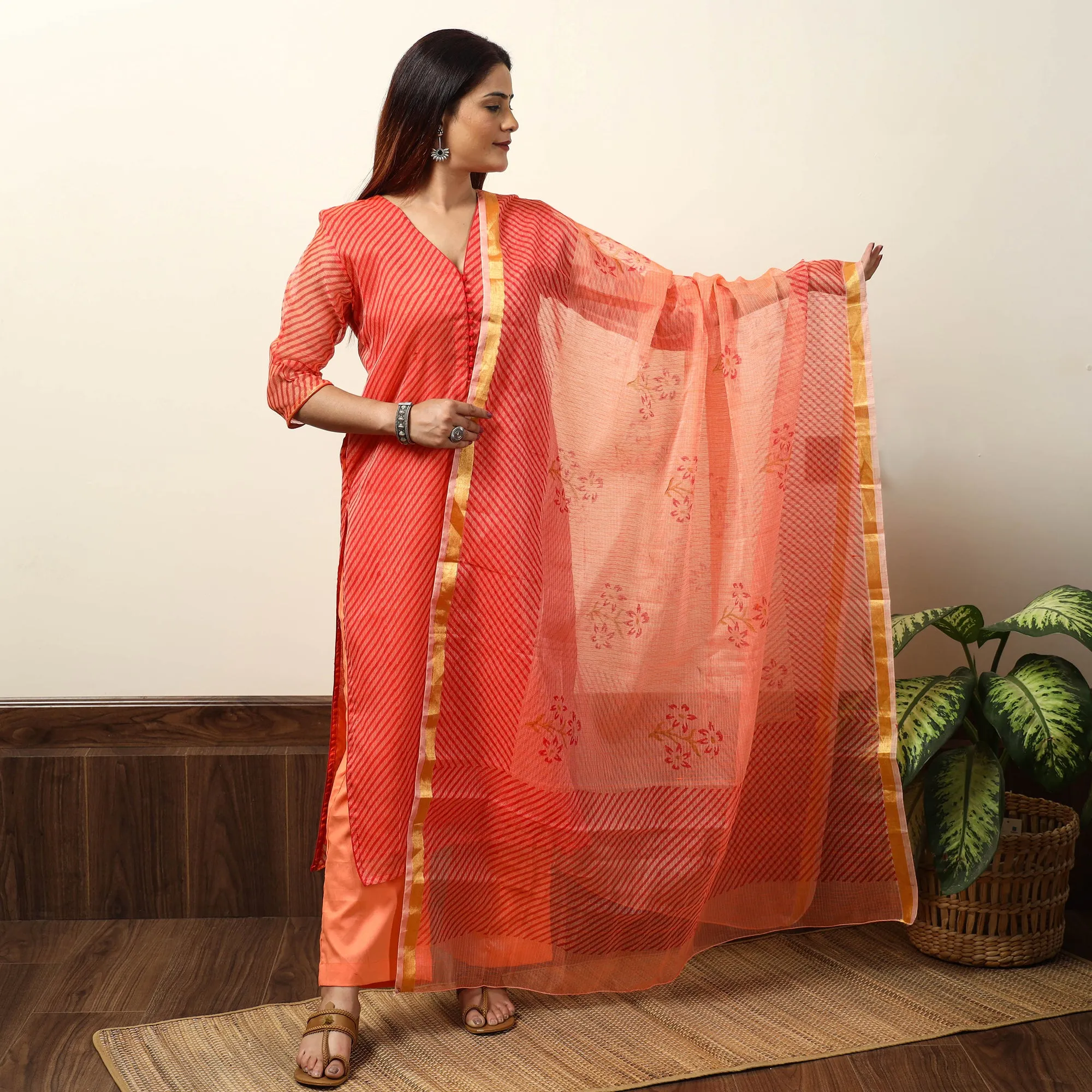 Orange - Leheriya Printed Kota Doria Kurta with Palazzo & Dupatta Set 19 sold by Itokri