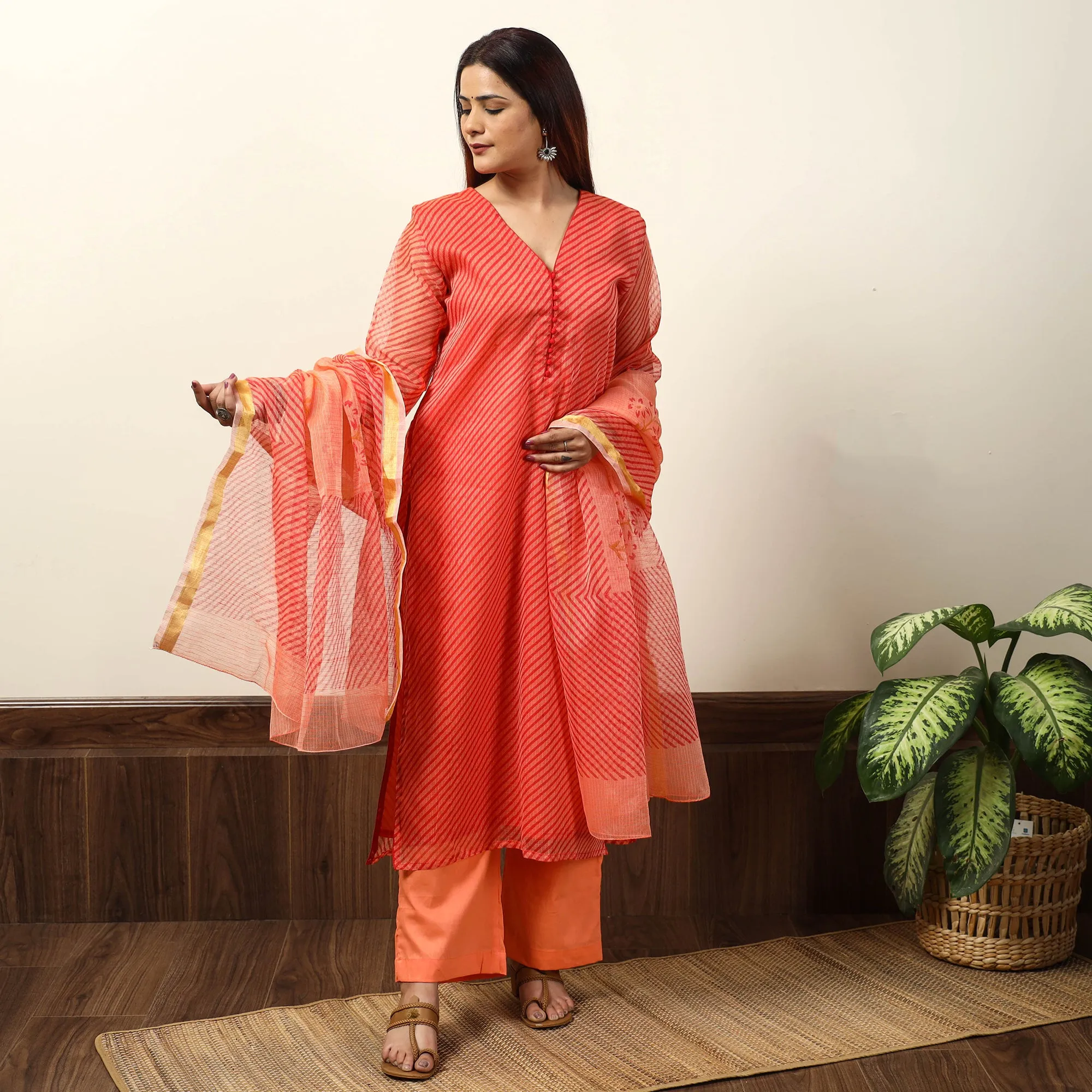 Orange - Leheriya Printed Kota Doria Kurta with Palazzo & Dupatta Set 19 sold by Itokri product image thumbnail 3
