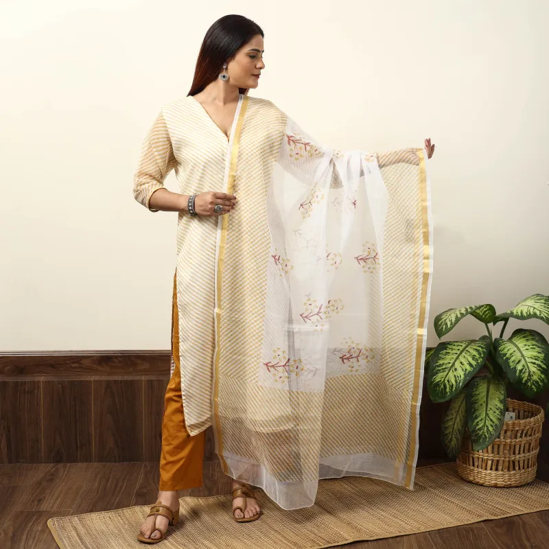 White - Leheriya Printed Kota Doria Kurta with Palazzo & Dupatta Set 18 made by Itokri