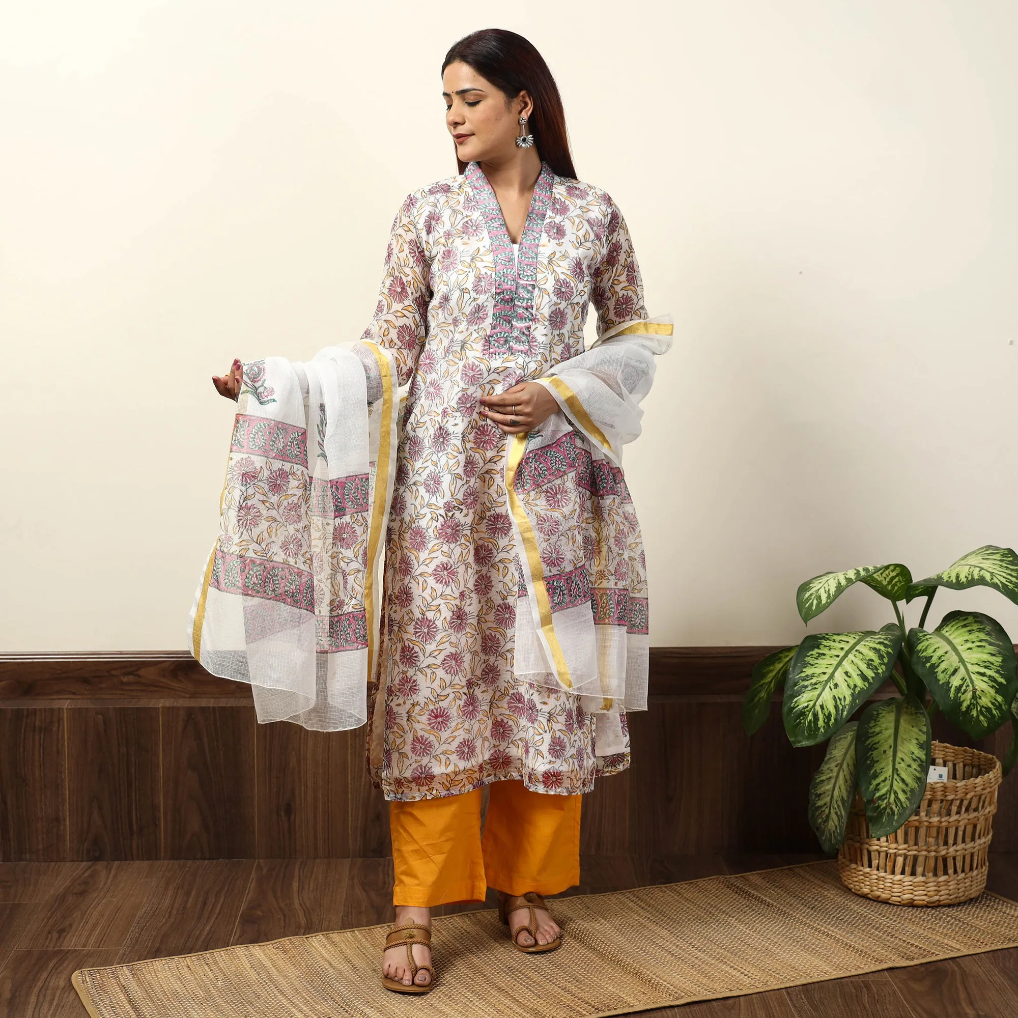 White - Sanganeri Block Printed Kota Doria Kurta with Palazzo & Dupatta Set 14 sold by Itokri product image thumbnail 2