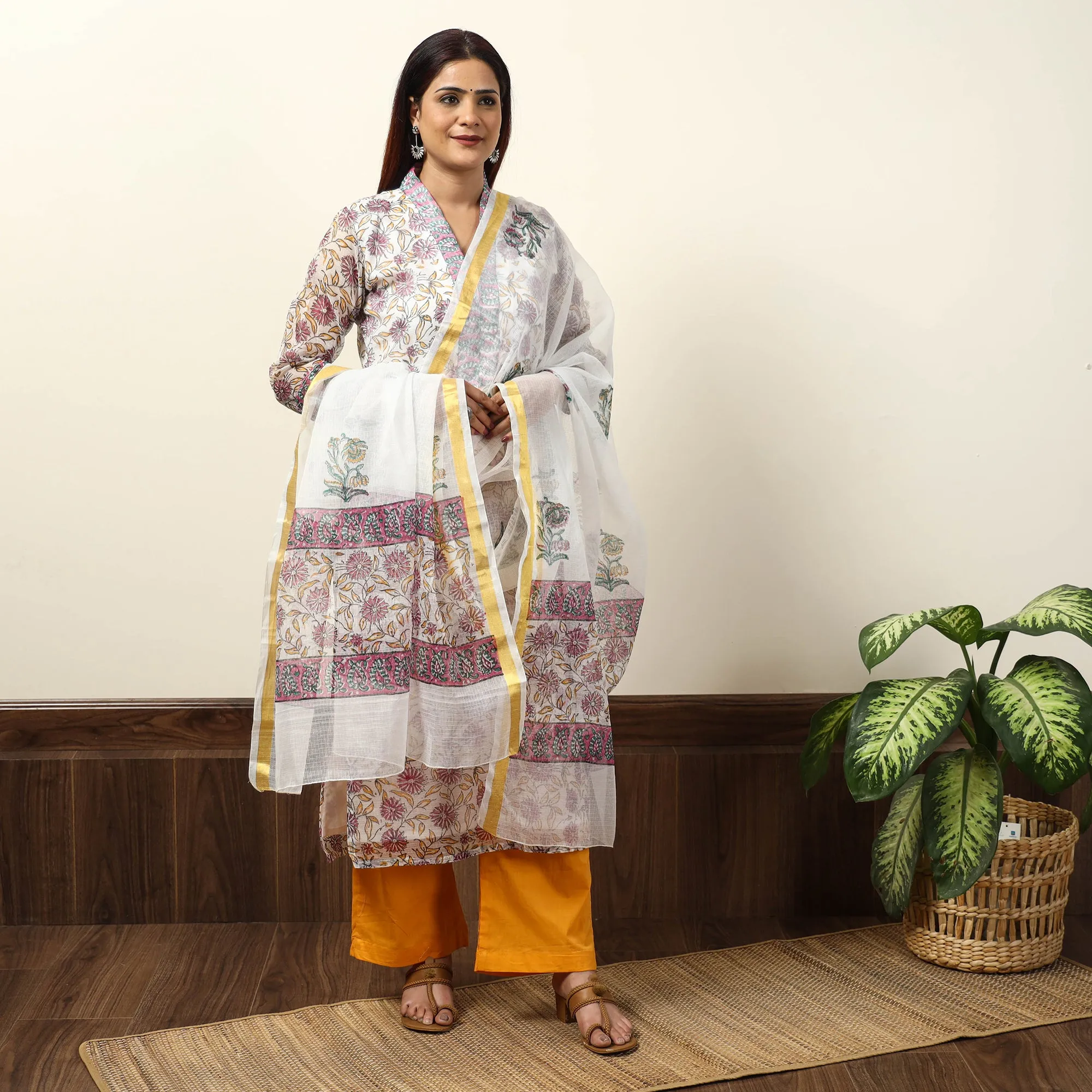 White - Sanganeri Block Printed Kota Doria Kurta with Palazzo & Dupatta Set 14 sold by Itokri product image thumbnail 3